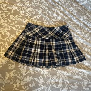 Garage Navy and Cream Plaid Pleated Mini Skirt